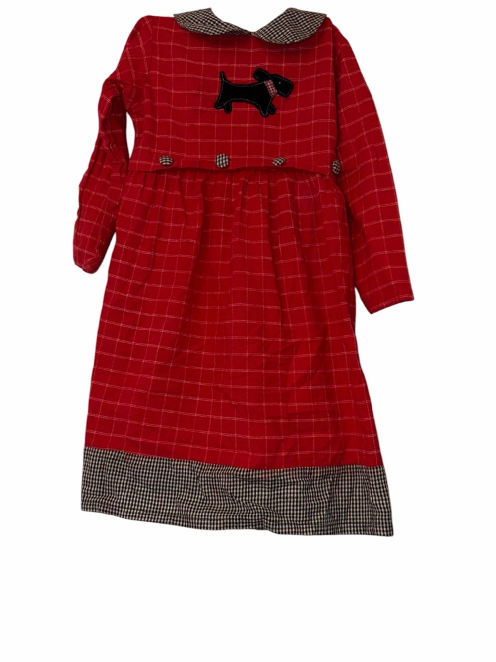 Vtg Sweet Potatoes girls Red flannel houndstooth Plaid LS Dress Dog Appliqué 5
